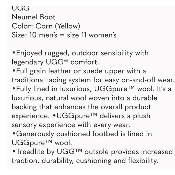 UGG NEUMEL SUEDE SHEARLING WOOL BOOTS CORN YELLOW NWOT M 10 W 11 - Picture 13 of 13